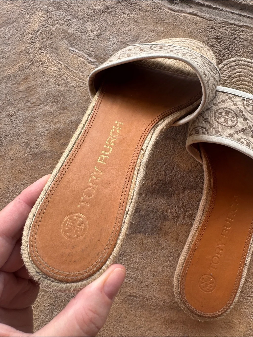 Tory Burch T Monogram Jacquard Espadrille Slide Sandals Beige Size 9M